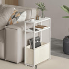 Narrow Side Table, Slim End Tables with Fabric Basket, Skinny Table for Small Spaces, Thin Bedside Table for Living Room, Bedroom (1, White + Camel Brown)