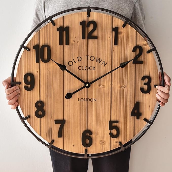 Large Old Town Farmhouse Wall Clock 24 Inch Rustic Antique Wood with Metal Circle and Large Numerals Silent Battery Operated Wall Clock for Office Kitchen Bedroom Living Room