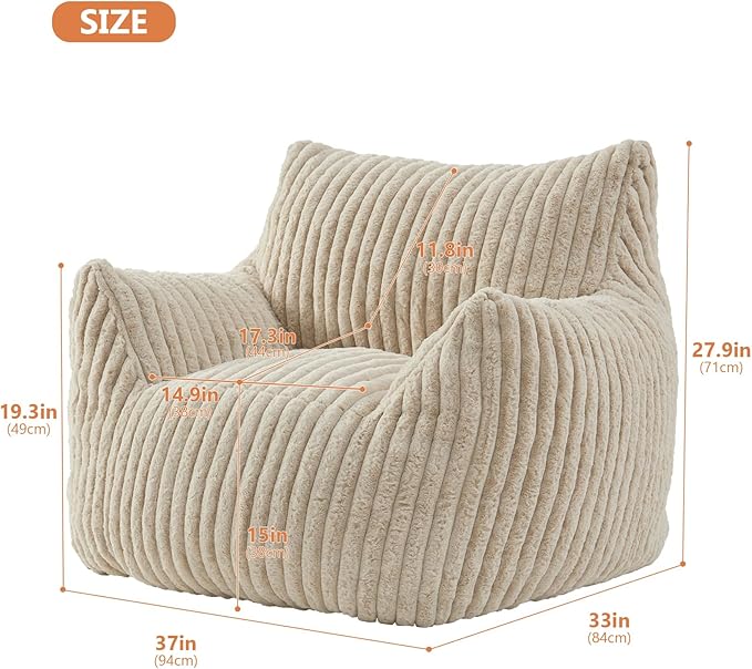 Giant Bean Bag Chairs for Adults with Filling Plush Fluffy Bean Bag Chairs for Teens with Armrests Comfy BeanBag Lazy Couch Sofa Chair for Bedroom Living Room Reading
