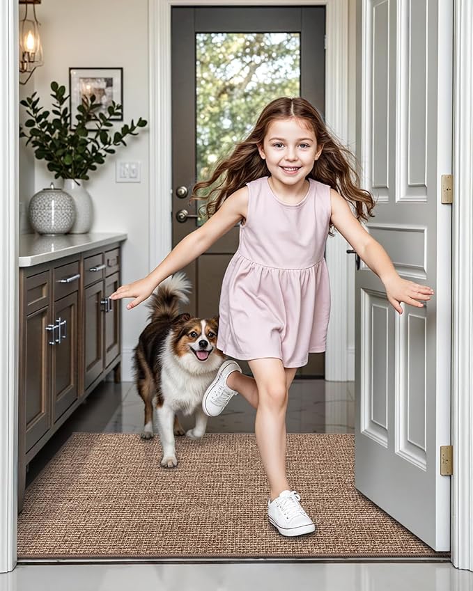 LUMI Indoor Door Mat 17"x30", Ultra Thin Low Profile Non-Slip Doormat for Home Entrance, Absorbent & Stain-Resistant Welcome Mats, Washable Entryway Mat for Front Door, Patio, Porch, Camel