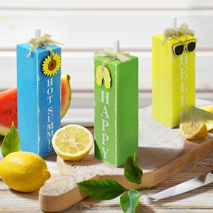 3 PCs Wooden Tiered Tray Decor Hello Happy Hot Summer Rustic Table Decor Block Signs for Beach Island Home Office Decorations (Summer-1)