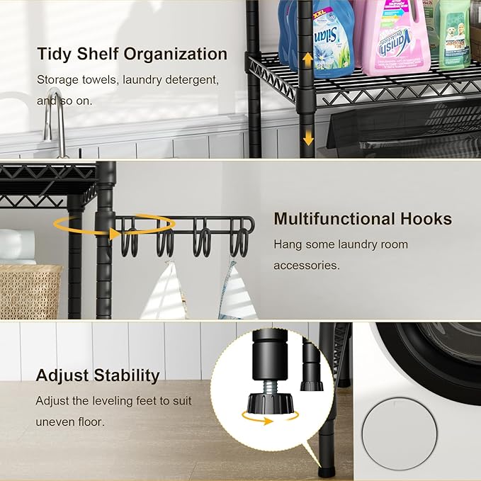 Ulif U8 Medium Laundry Room Storage Organizer, Over the Washer and Dryer Storage Shelves for Laundry Organization, 32.3”W x 17.3”D x 76.2”H, Suit Washing Machine Width within 29.9”, Hold 304 lb, Black