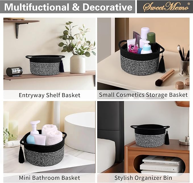 Empty Gift Basket Mini Woven Rope Organizer Baskets for Baby Shower, Vanity, Makeup Brushes, Bathroom, Shelves, Desk - Small Decorative Storage Bins - Set of 2, Pre-Shaped, Black Grey