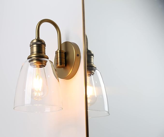 Yosoan 1-Light Brass Modern Vintage Indoor Wall Sconce, Vanity Single Luxury Hardwired Retro Textured Clear Oval Cone Glass Shade with Industrial Gooseneck Curved Rod Bathroom Lamp(Antique)