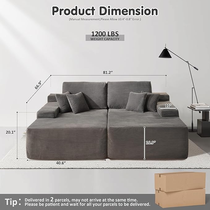 ovios 81" Oversized Sectional Double Lounge Chaise with Cloud Plush Sofa Bed, No Assembly Required, Fluffy Modern Sleeper Loveseat Chair for Indoor Living Room Bedroom Reading, Grey (Corduroy Fabric)