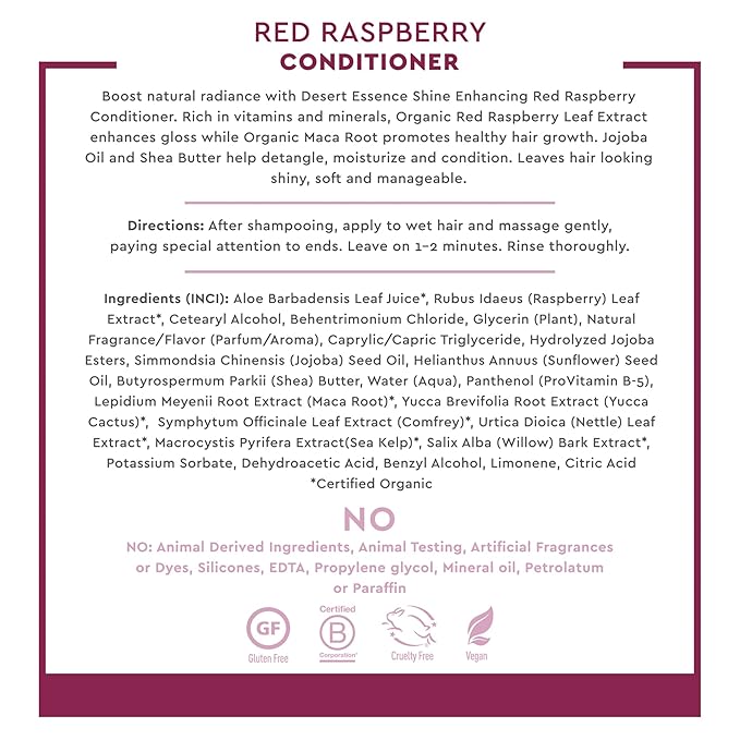 Desert Essence Red Raspberry Conditioner - 8 Fl Ounce - Shine Enhancing - Vitamin A & C - Smooth & Silky - Strengthing - Shea Butter - Calcium & Magnesium - Vitamin B5