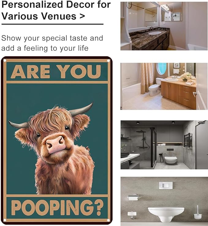 Vintage Highland Cow Tin Sign: Funny "Are You Pooping?" Bathroom Wall Decor for Western & Highland Cow Lovers 8 x 12 Inch (3039)