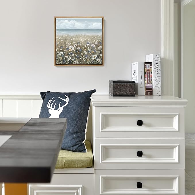 amatop Framed Wall Art Bathroom Décor Boho Beach Coastal Vintage Floral Wall Picture Flower Daisy Flowers by Sea Canvas Print Nautical Small Artwork For Home Farmhouse Living Room Bedroom Office
