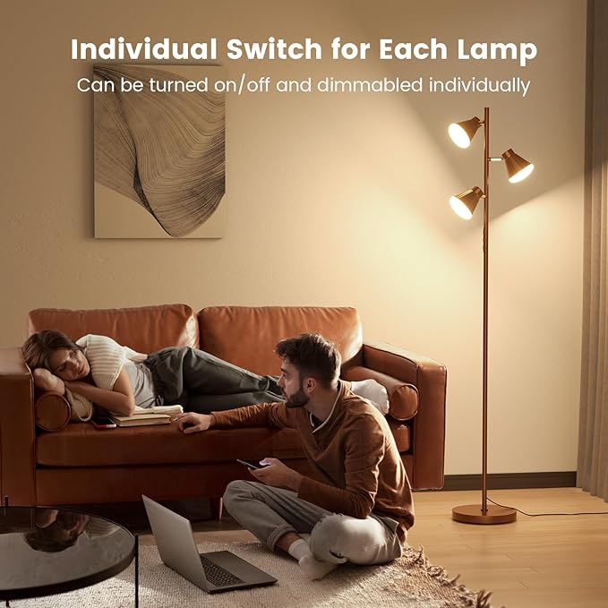 36W LED Tree Floor Lamp, Dimmable Tall Standing Lamp with Remote & Touch Control, 4 Color Temperatures Bright Floor Lamp, 3 Rotatable Light Modern Floor Lamps (Brown)