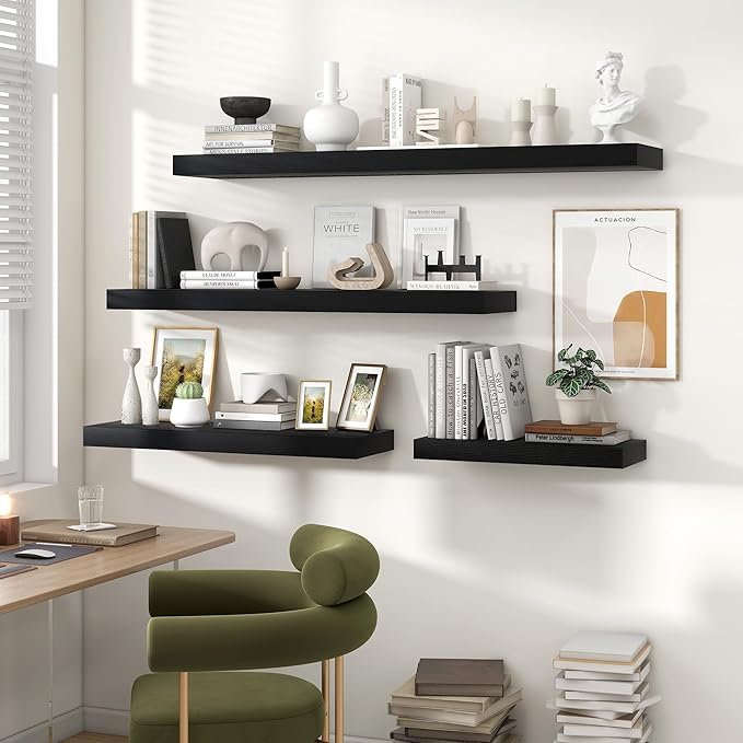 Heimlove 48" Black Floating Shelves for Wall,10 Deep Rustic Wood Display & Storage Wall Shelves with Heavy Duty Brackets for Bathroom,Bedroom,Kitchen,Living Room,Office
