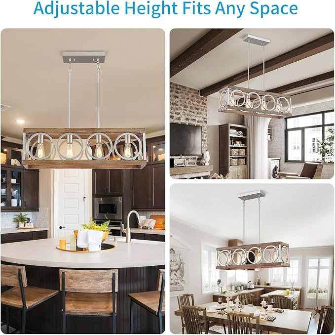 XINGQI Farmhouse Dining Room Chandeliers, Rectangle Vintage Hanging Lighting Fixtures, 4-Light Kitchen Island Lighting, Rustic Metal Chandelier Pendant Light, Antique Wood Grain XY082