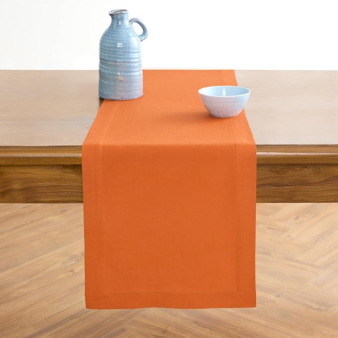 Solino Home Persimmon Orange Table Runner 144 Inches Long - 100% Pure Linen Extra Long Table Runner 14 x 144 Inch for Fall, Autumn, Halloween, Thanksgiving - Fete