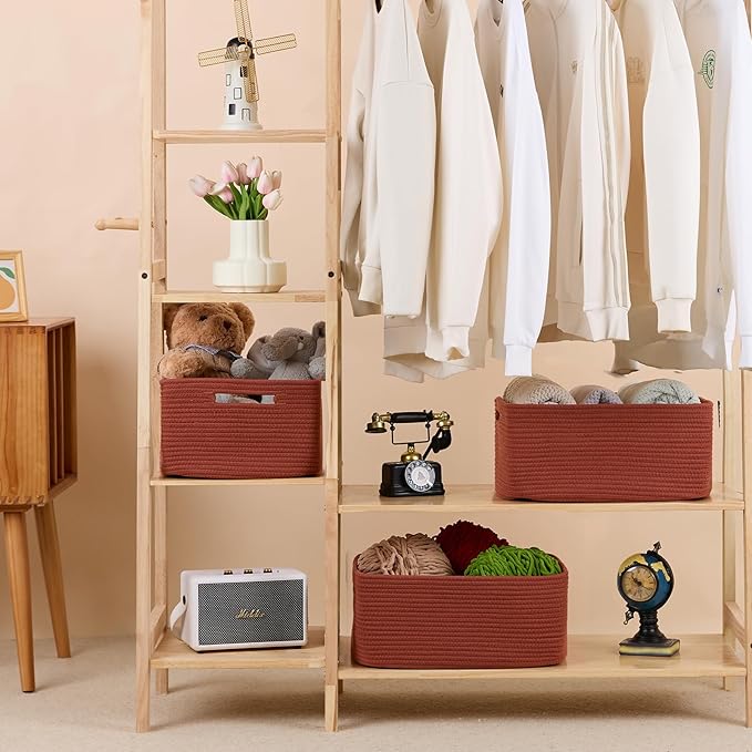 Large Storage Baskets for Shelves, Closet Organizers Bins for Clothes Blanket Towels, Baby Nursery, Toy Baskets Box, Woven Rope Baskets, 17 x 13 x 7.5”, 3 Packs Oxide Red