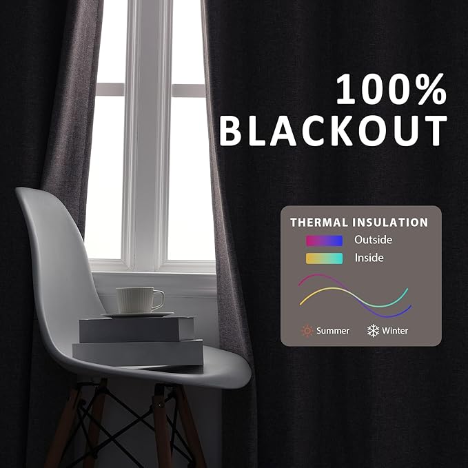 Macochico Pinch Pleated 100% Blackout Curtains Light Grey Linen Curtains for Bedroom Living Room Farmhouse Thermal Insulated Window Panels Pleated Curtains with Hooks and Tieback 52”Wx72”L 1 Panel