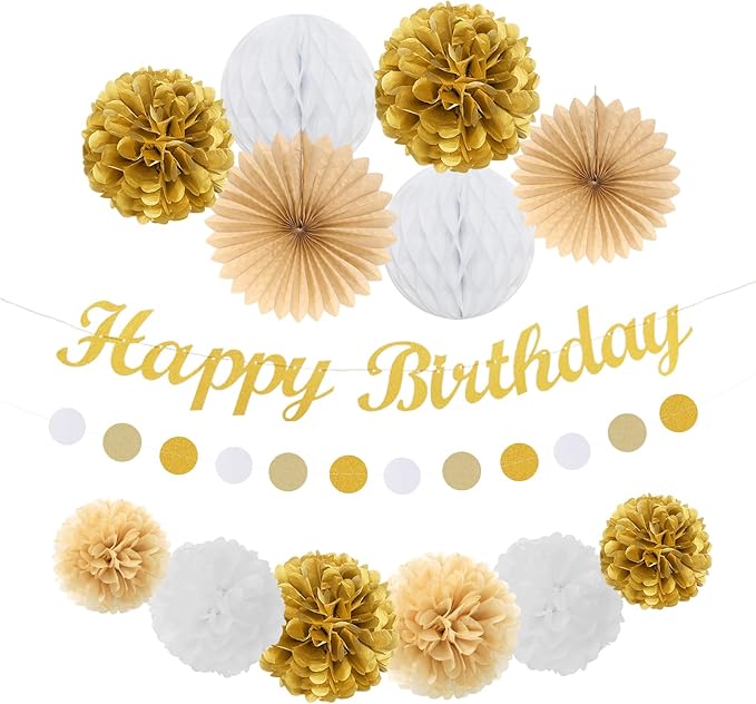 White-Gold Champagne Birthday Party-Decorations Paper-Flowers - 14pcs Happy Banner Engagement Honeycomb Tissue Pom Poms,Women Streamers Garland Beige Fans,21st 18th Girl Hanging Supplies Decor Hugfond