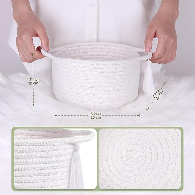 Small Gift Basket Empty to Fill – SweetMemo Cute Woven Organizer Baskets with cellophane wrap for Kids, Baby Shower, Office, Bathroom, Bedside – Little Decor Cotton Rope Bin with Handles - White