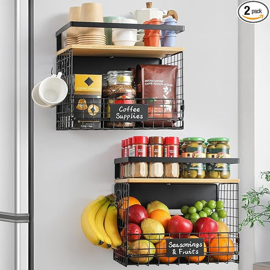 [WIDER Shelf]2 SET Strong Magnetic Shelf Basket for Fridge with Tag & Bamboo Top, XXL Large Magnetic Spice Rack Shelves for Side of Refrigerator, Kitchen Pantry Storage Organizer for Food Fruit Veg