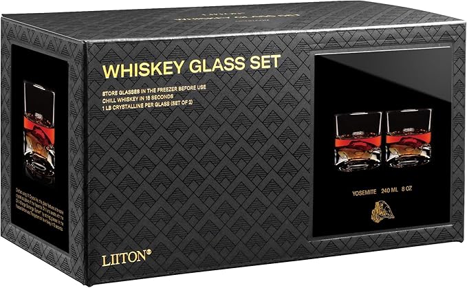 Yosemite Heavy Crystal Whiskey Glasses Gift Set of 2, Thick Freezable Bourbon Glass 1lb Each, Premium Whiskey Gifts for Men, Frozen Crystal Chills Cocktails, 10 oz