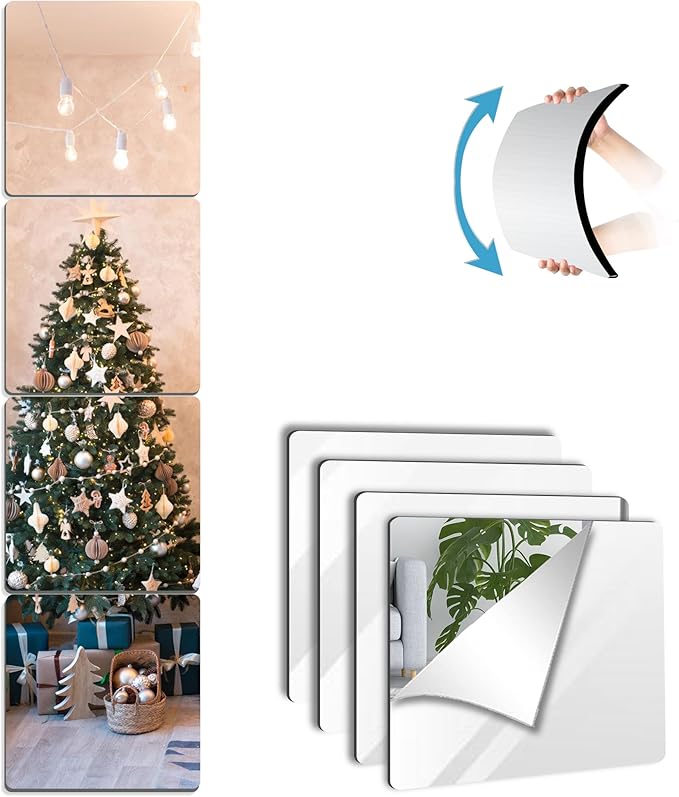 Unbreakable Wall Mirror Full Length,Over the Door Mirror for Bedroom,4Pcs 10inchx10inch Acrylic Mirror Kids,Shatterproof Plexiglass Long Mirrors,Children Non Glass Stick on Mirrors Tiles self adhesive