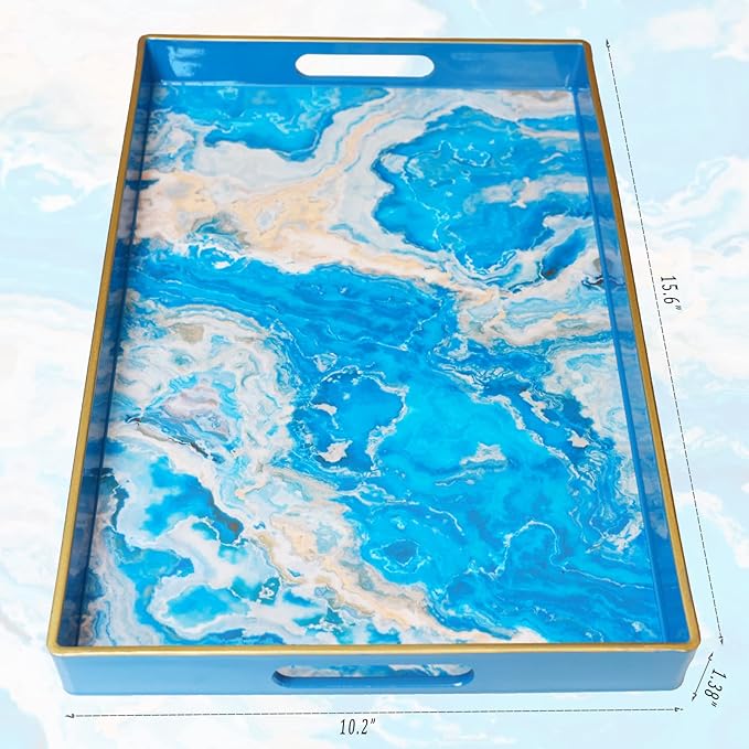 Spsyrine Serving Tray, Plastic Rectangular Coffee Table Tray with Handles, Marble Decorative Tray for Living Room, Ottoman, Bathroom Decor. 15.6” X 10.2" HSRE
