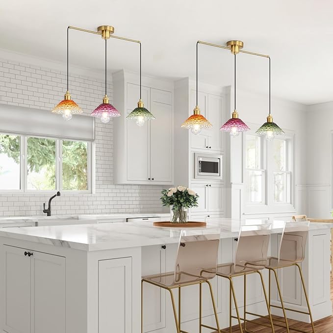 3-Light Pendant Lights Kitchen Island, Ceiling Hanging Lighting Fixtures, Colorful Vintage Glass Shade Pendants, Modern Gold Dining Room Chandeliers Height Adjustable for Farmhouse Living Room