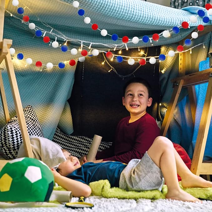 Jishi Pom Pom Garland 4th of July Decorations, Patriotic Red White Blue Felt Ball Garland, 3-Pack 6.6ft Long 24 Cute Pompom Balls String, Christmas Tree Decor Ornaments for Home Birthday Holiday Party