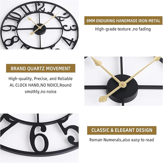 Large Wall Clock for Living Room Decor - 40cm/ 16 Inches Silent Non-Ticking Metal Wall Clocks Battery Operated, Vintage Decorative Modern Wall Clock for Bedroom, Office, Farmhouse Decor