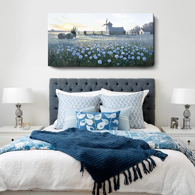 amatop Oversized Farmhouse Wall Art – Botanical Picture Flower Blue Rose & Windmill Countryside Scene Canvas Print, Large Floral Landscape Artwork Decor for Living Room Dining Room Hallway 58x29 Inch