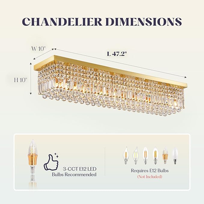 10 Lights Gold Flush Mount Rectangle Chandelier, Modern K9 Crystal Chandeliers Light Fixture Rectangular Raindrop Chandelier Pendant Island Light for Living Dining Room Kitchen Bar L47 Inch