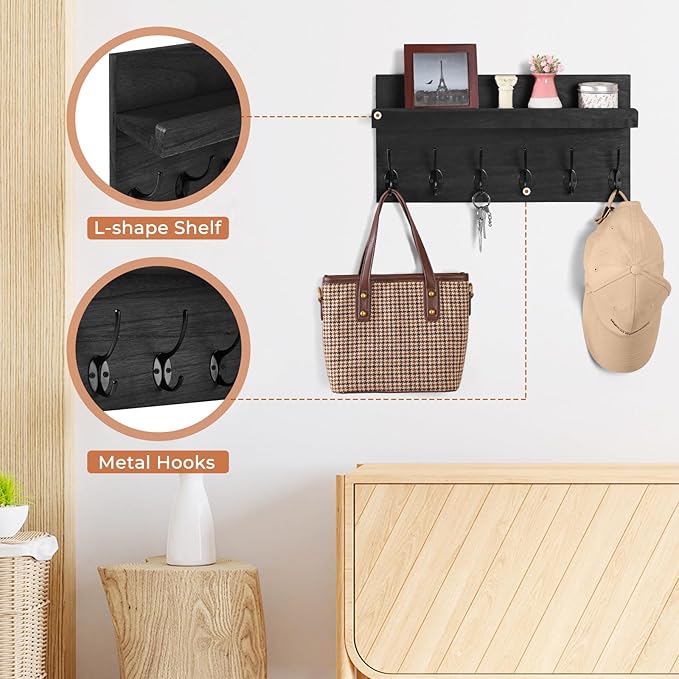Shelf with Hooks, Coat Rack Wall Mount with 6 Double Metal Hooks, 17 Inch Farmhouse Wall Hooks with Shelf, for Entryway, Bathroom, Kitchen, Black