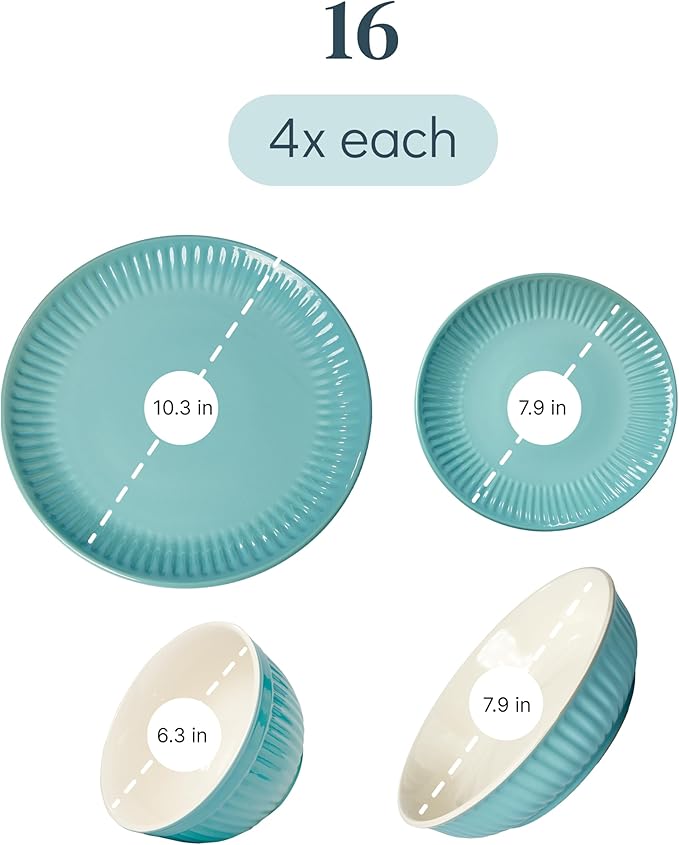 Stoneware Dinnerware Set for 4 People HYGGE 16-Piece - Elegant Scandi Design - Premium Dish Set - Bowl and Plate Set - Tableware for 4 People in a Ribbed Design - Pure Living in Green
