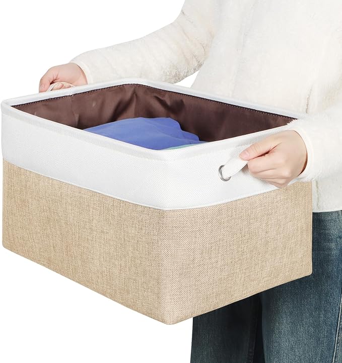 Kntiwiwo Large Fabric Foldable Storage Bin 17" x 11.8" x 9.8" Storage Baskets with Handle Large Cube Storage boxes for Closet, Shelves, Home, Set of 3, Beige