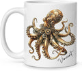 Personalized Unique Name Ceramic Mug 11oz, Customized Steampunk Octopus Mug With Mechanical Themed, Gear-Filled Octopus White Coffee Mug, Gift For Friends, Coworkers, Kids Mug