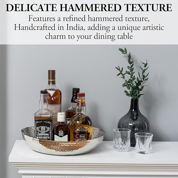 MyGift 14 Inch Deluxe Decorative Dish Tray Centerpiece Base, Silver Tone Plated Hammered Aluminum Fruit Bowl Serving Platter with Cutout Handles - Handcrafted in India