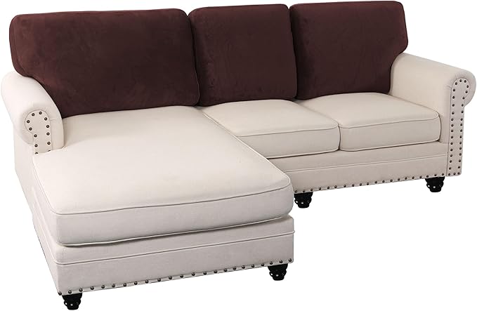 PrinceDeco Sectional Couch Covers Velvet Cushion Covers for Sectional Couch Cushion Covers for Sectional Sofa Separate Sectional Sofa Slipcovers Washable(1 Chaise Back+ 2 Sofa Back,Brown)