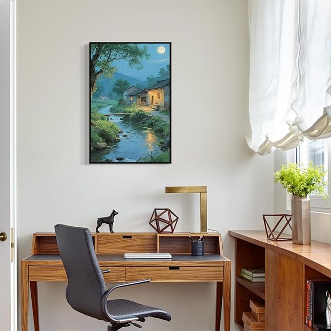 Moonlight under the big tree creek cabin scenery is suitable for posting in the living room bedroom office scenery poster wall painting