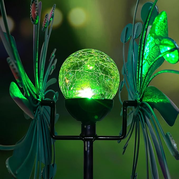 Solar Wind Spinner, 60.63 Inch Outdoor Metal Stake Yard Spinners, Solar Powered Multi-Color LED Glass Ball with Kinetic Wind Sculpture Spinner Windmills for Outdoor Lawn & Garden Decoration