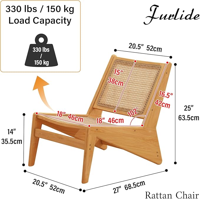 Rattan Accent Chair for Living Room, Mid Century Side Chair, Comfy Bamboo Chairs for Bedroom Reading Room, Wood