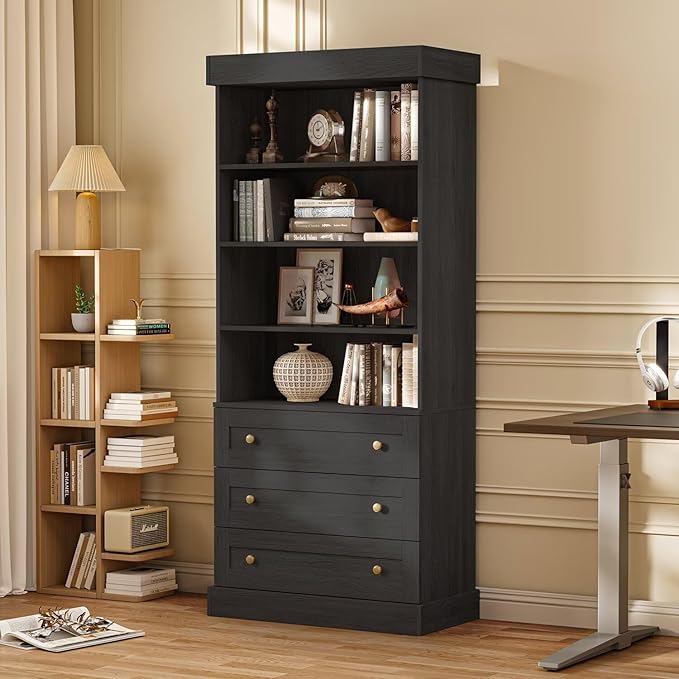 Vyre 71" Tall Farmhouse Bookshelves with Drawers, Set of 2 – Large Modular Bookcase with Adjustable Shelves, Storage Cabinet for Living Room, Kitchen, Home Office, Black