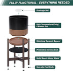 D'vine Dev Ceramic Planter with Walnut Color Stand - 12 Inch Modern Round Flower Pot with Wood Planter Holder, Black/Speckled Tan, 55-B-W-7