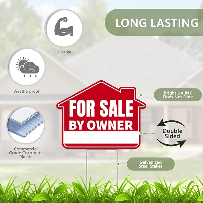 3PC For Sale By Owner Sign with Stakes, 17 Inches by 13 Inches - Double Sided Signs - Corrugated Plastic - FSBO Yard Sign for Home House Real Estate