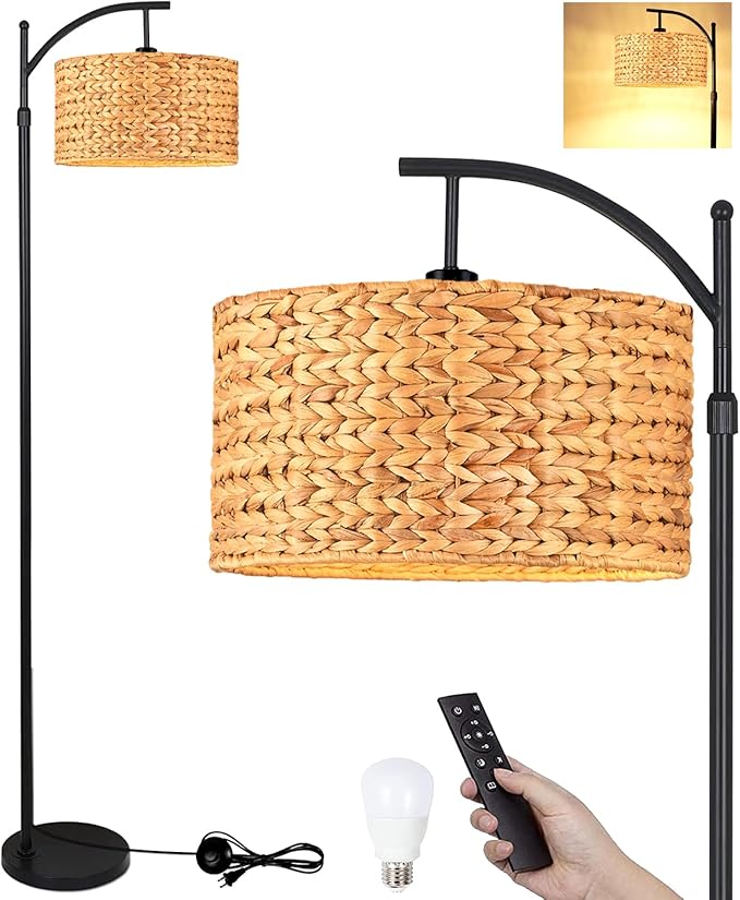 Floor Lamp for Living Room Bedroom Farmhouse Arc Rattan Boho Standing Lamp with Remote Dimmable Black Wicker Bamboo Lamp Shade Floor Light Adjustable Tall Lamp Industrial Floor Lamps Bohemian