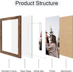 11x14 Picture Frame Set of 4, 11 x 14 Wood Photo Frames with Mat for 8x10, Natural Wooden Frame with Real Glass Cover for Wall and Tabletop Display,Rustic Brown