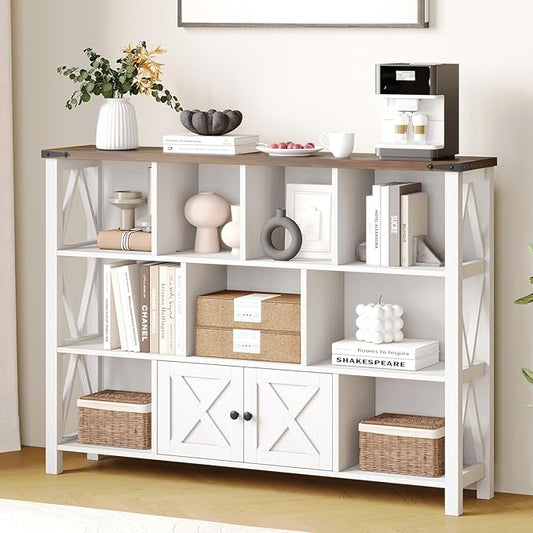 11 Cube Storage Organizer Bookshelf, Wooden Open Cube Shelf Bookcase, Farmhouse Display Book Shelf, 3 Tier Cube Bookshelves with Storage, Rustic White