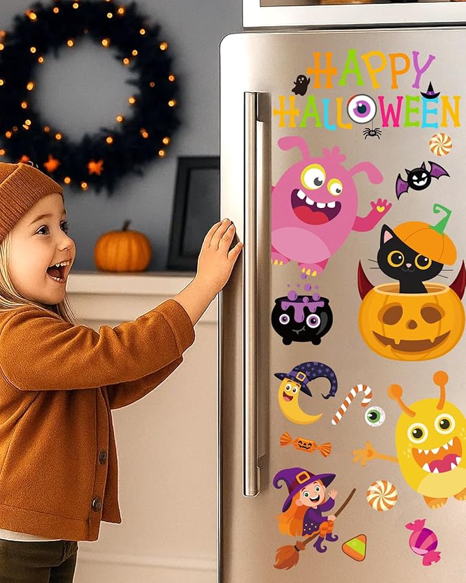 Halloween Window Clings - 9 Sheets 82 Pcs Cute Happy Halloween Window Decorations Indoor for Home Eyes Party Ghost Cat Bat Witch Stickers for Glass Double-Sided Removable Static Glass Decals