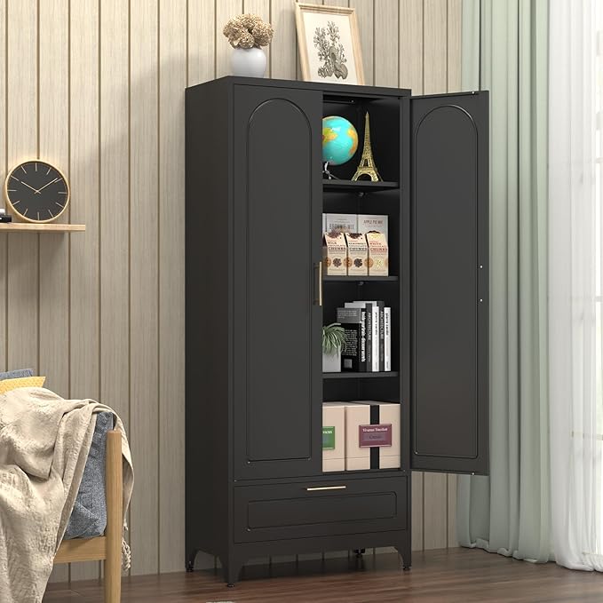 Black Pantry Kitchen Cabinet with Drawer, 75 Inch Metal Storage Cabinet with Doors and Shelves, Steel Food Pantries, Large Freestanding Cupboard for Living&Dining Room-Assemble Required