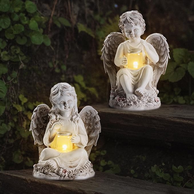 2 Pack Outdoor Angel Statue Garden Decor, Classic Solar Angel Figurine Decoration for Yard Art Indoor Porch Home Lawn Outside Light up Cherub Sculpture Guardian Wings Memorial Gifts