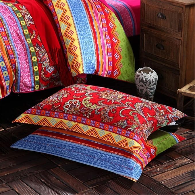 ABREEZE Bohemian Duvet Cover Set Colorful Red Boho Retro Bedding Set Damask Paisley Cotton Duvet Cover Tribal Reversible Bedding Exotic Style Comforter Cover 3-Piece Full