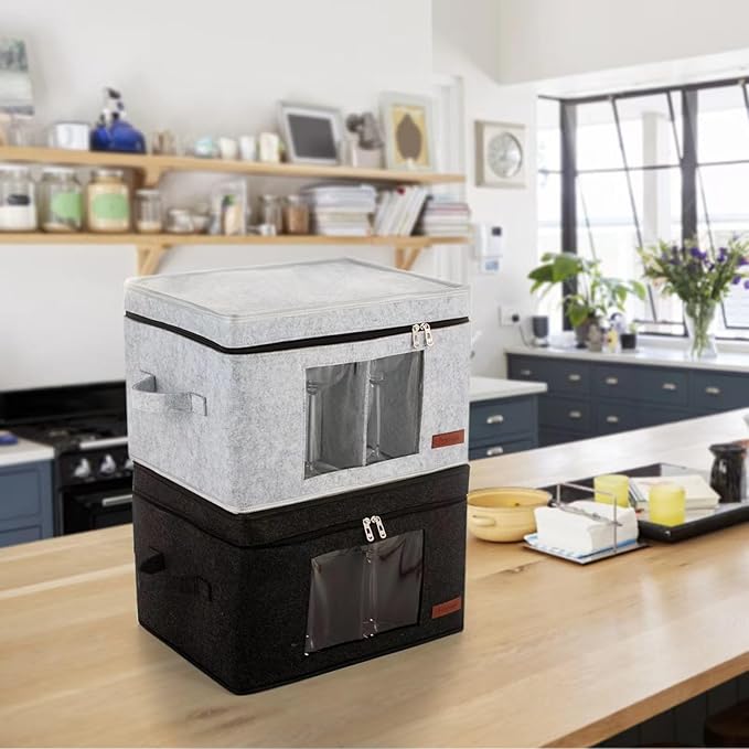 2 Pack Wine Glass Storage Box with Dividers, Stemware Storage Containers for Packing and Moving, China Storage Containers Box for 12 Crystal Glassware, Wine Glasses, Drinkware,Light Gray