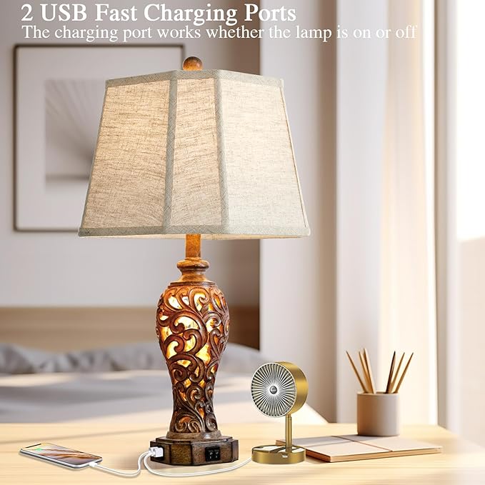 Set of 2 Rustic Table Lamps for Living Room Bedroom, 2 USB Ports 25'' Vintage Farmhouse Desk Lamp with Nightlight, Brown Hollow Out Resin Lamp for End Table (Bulbs Included)